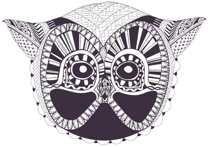 En ugglas huvud illustrerad med flera mönster
